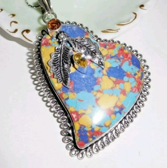 Mosaic Jasper ❤Heart❤ Pendant 925 Silver - Picture 2 of 3